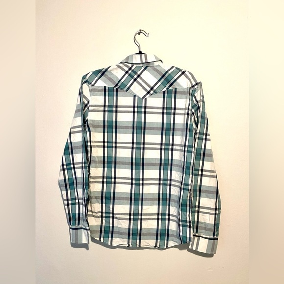 American Rag Mens Western Yoke Cowboy Plaid Shirt Size Small Green White Barn - Picture 7 of 8